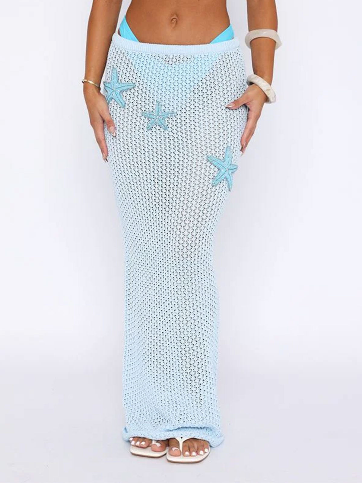 Sparkly Starfish High Waist Beach Crochet Knit Cover Up Maxi Skirt