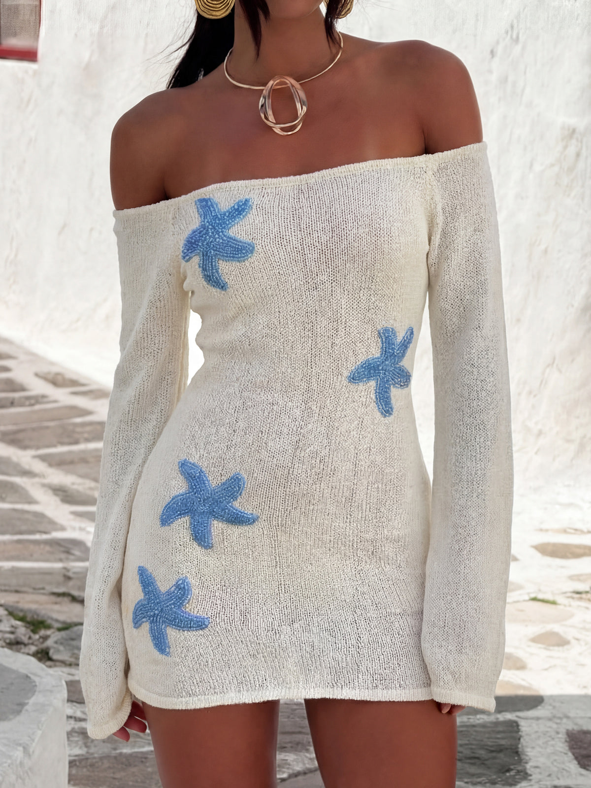 Zeester Applicatie Off Shoulder Resort Bel Mouw Brei Mini Jurk