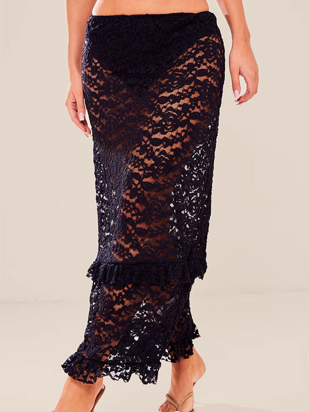 Swing Tiered Ruffle Low Waist Floral Lace Beach Cover Up Midi Skirt