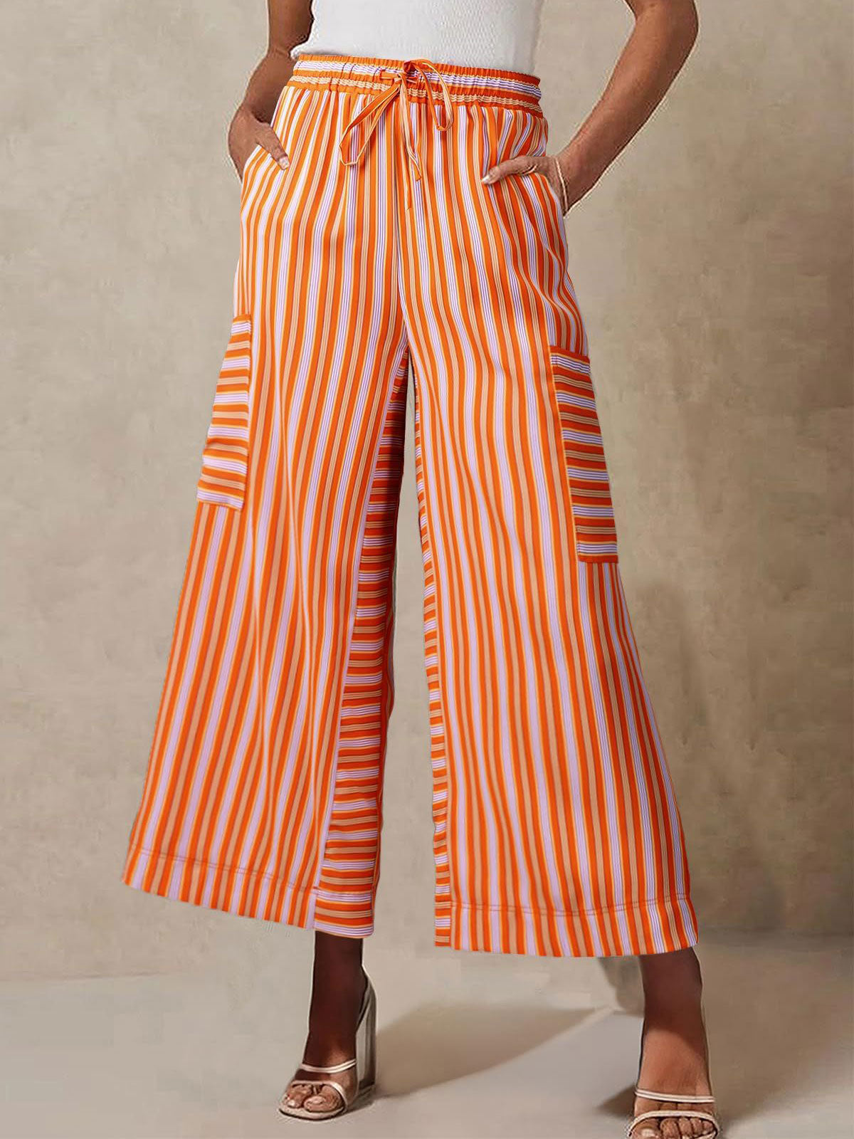 Vibrant Gestreepte Taille Hoge Cargo Pocket Resort Wijde Pantalon