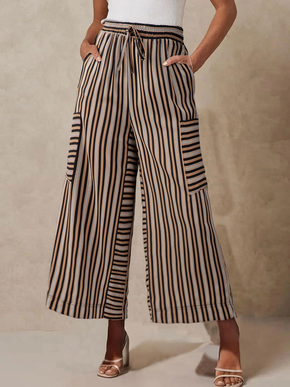 Vibrant Gestreepte Taille Hoge Cargo Pocket Resort Wijde Pantalon