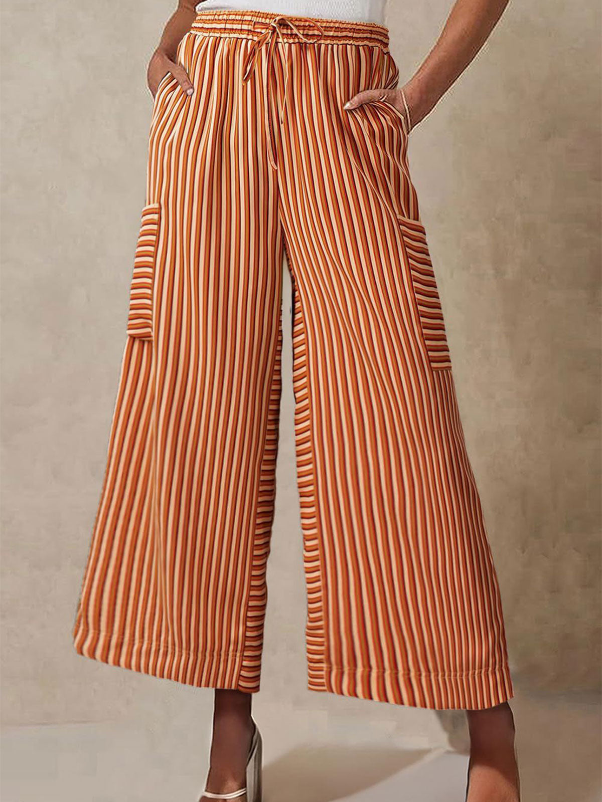 Vibrant Gestreepte Taille Hoge Cargo Pocket Resort Wijde Pantalon
