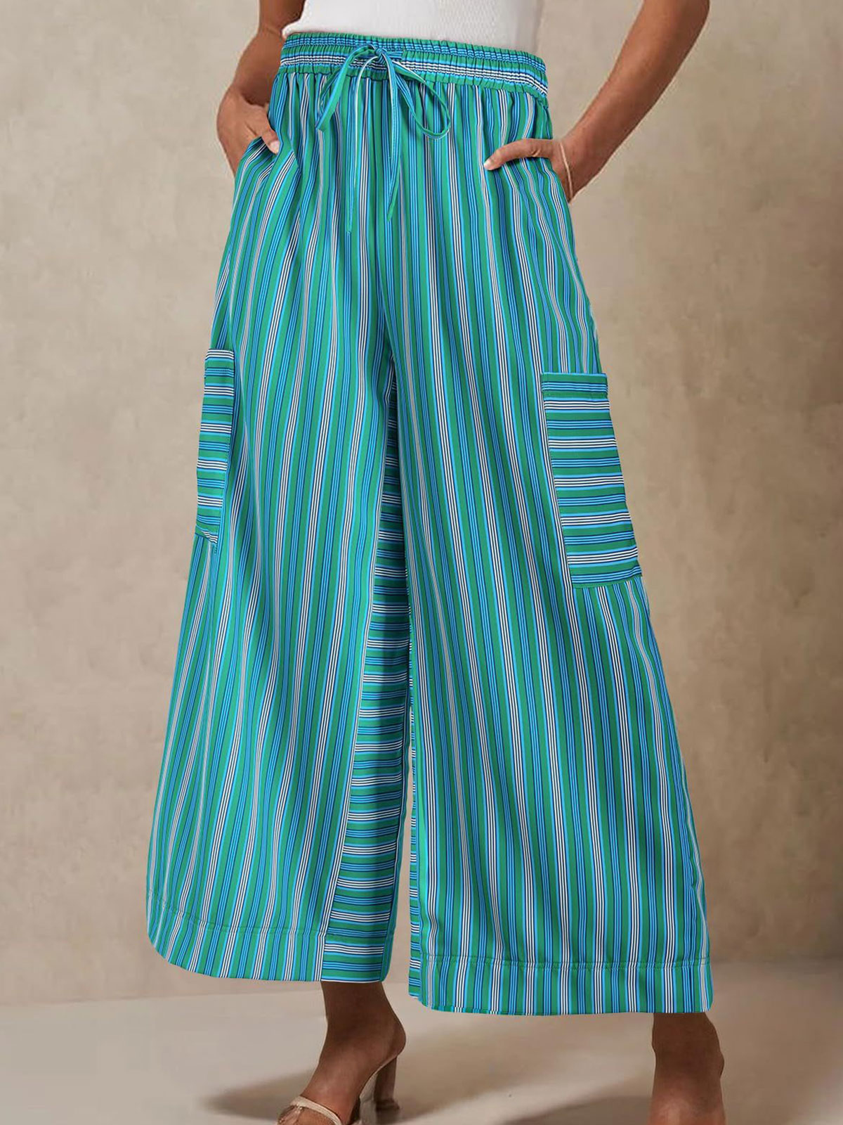 Vibrant Gestreepte Taille Hoge Cargo Pocket Resort Wijde Pantalon