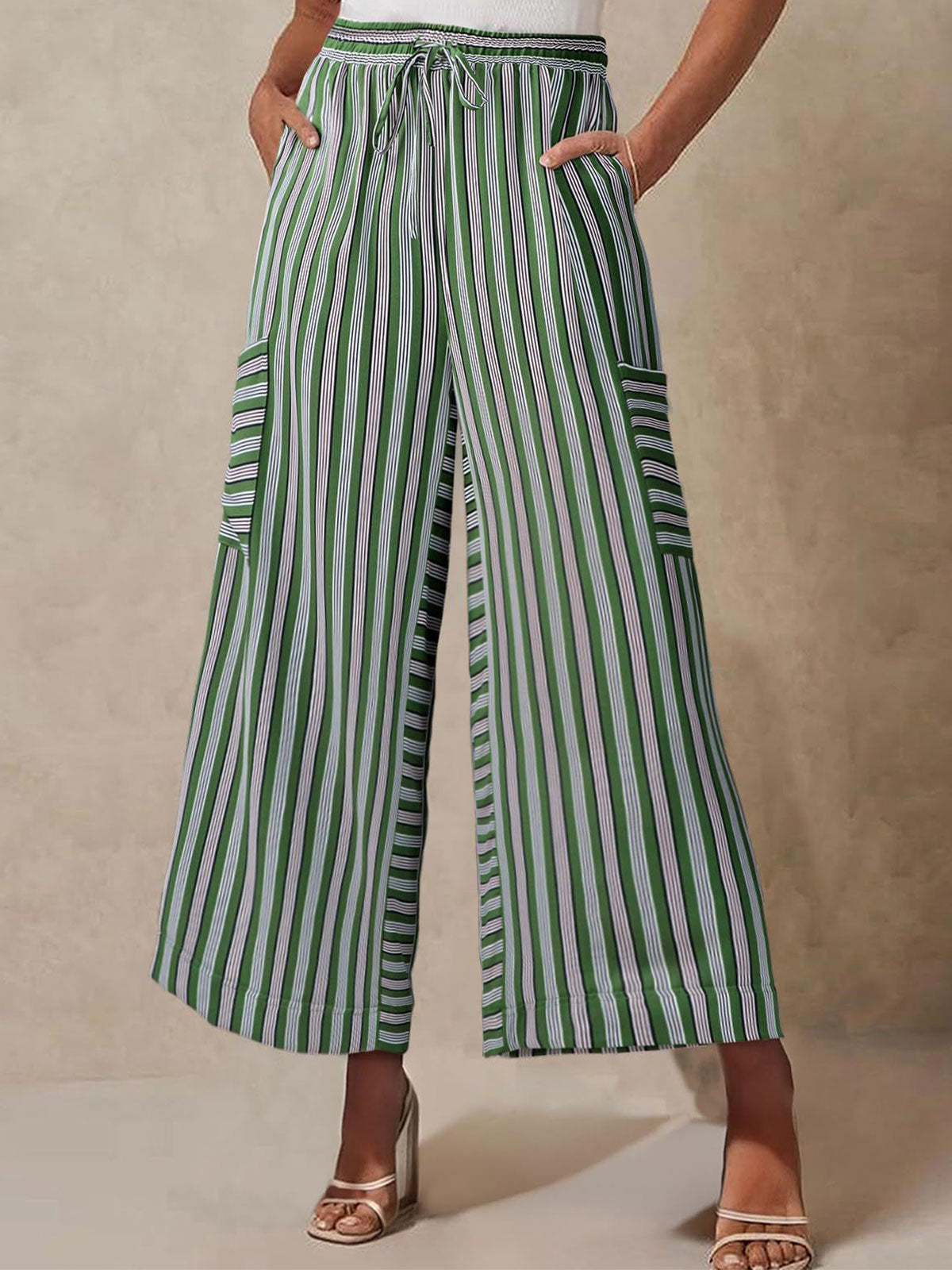 Vibrant Gestreepte Taille Hoge Cargo Pocket Resort Wijde Pantalon