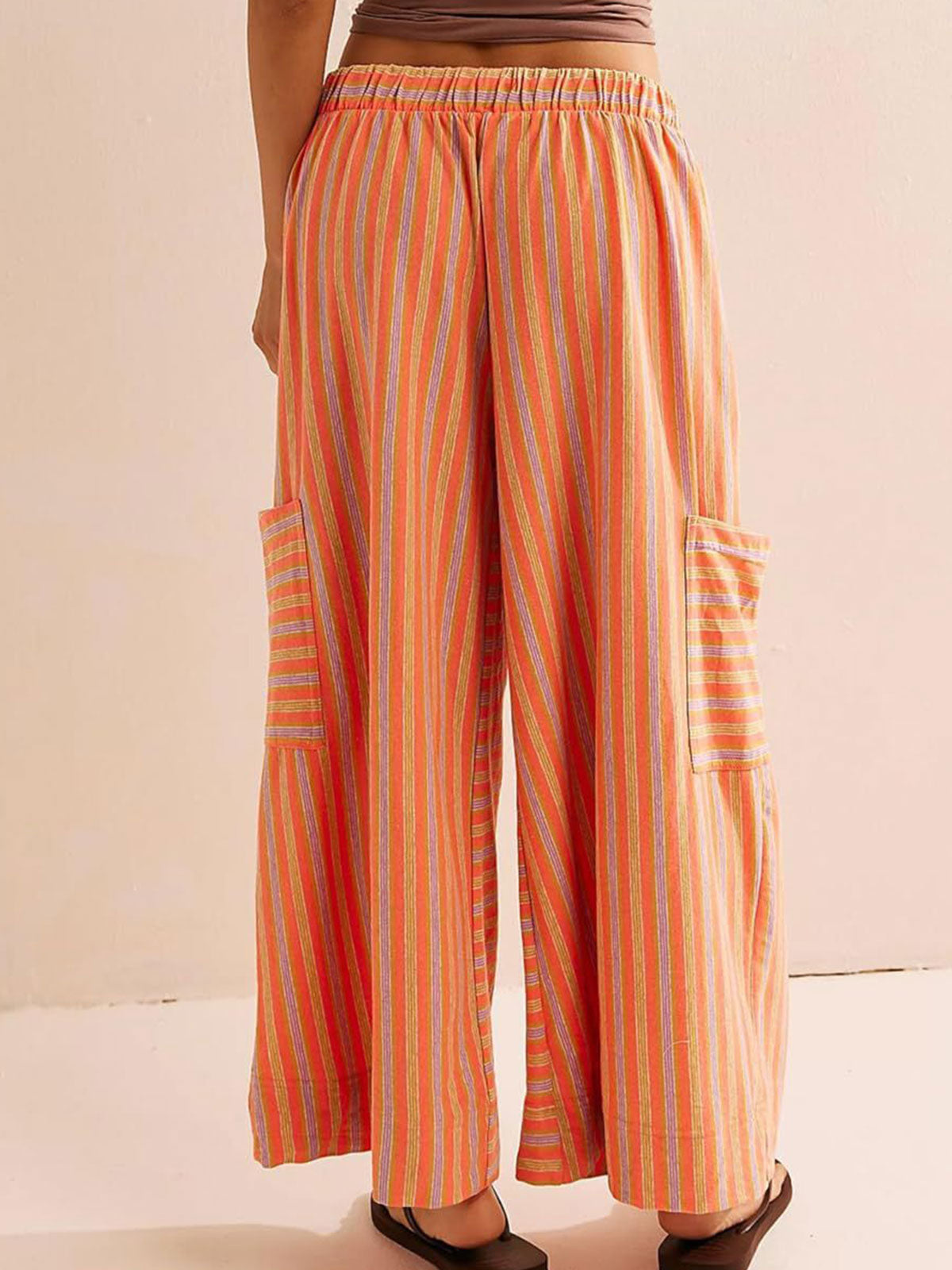 Vibrant Gestreepte Taille Hoge Cargo Pocket Resort Wijde Pantalon