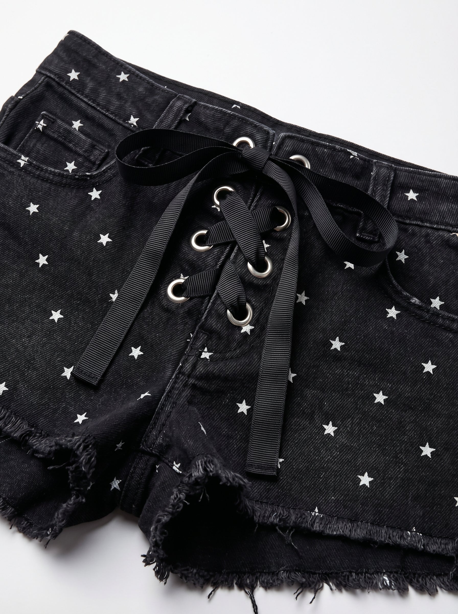 Star Print Corset-Detail Denim Hot Pants